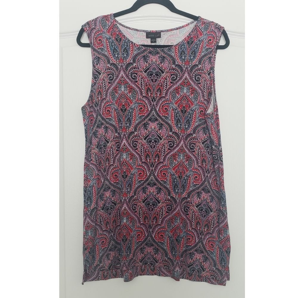 J. Jill Wearever Sleeveless Tunic Top Red Blue Paisley Damask Print Sz‎ M